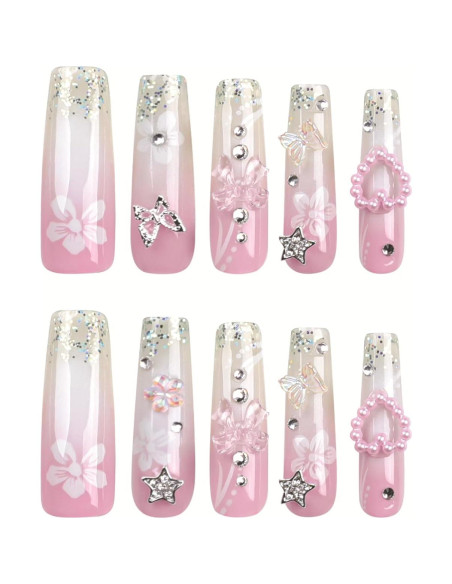Uñas Postizas Francesas RTKHFZE Largas Cuadradas 24 Pcs Rosa Blanco