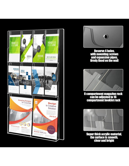 Soporte de Folletos Acrílico Weysat Montaje en Pared 10 Bolsillos