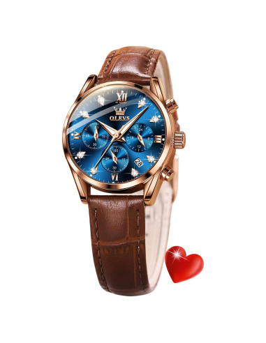 Reloj de Mujer OLEVS Oro Rosa Cuero Marrón Cronógrafo Impermeable