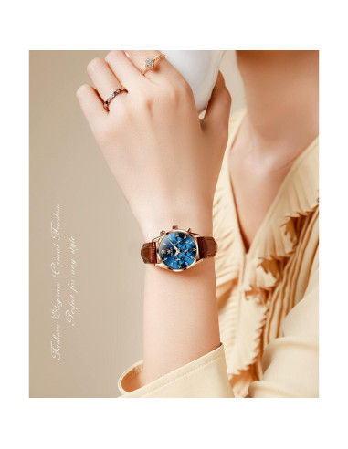 Reloj de Mujer OLEVS Oro Rosa Cuero Marrón Cronógrafo Impermeable
