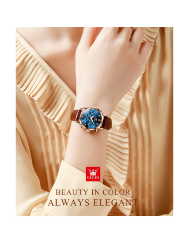Reloj de Mujer OLEVS Oro Rosa Cuero Marrón Cronógrafo Impermeable