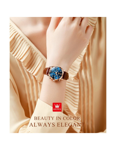 Reloj de Mujer OLEVS Oro Rosa Cuero Marrón Cronógrafo Impermeable