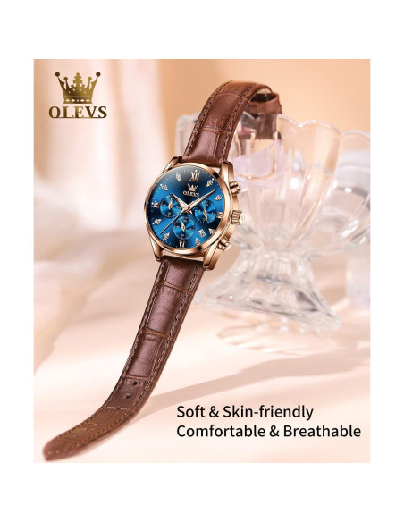Reloj de Mujer OLEVS Oro Rosa Cuero Marrón Cronógrafo Impermeable