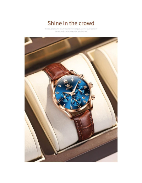 Reloj de Mujer OLEVS Oro Rosa Cuero Marrón Cronógrafo Impermeable