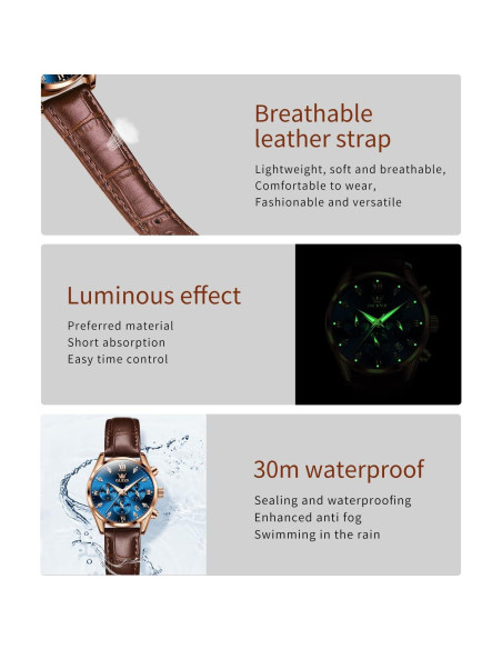 Reloj de Mujer OLEVS Oro Rosa Cuero Marrón Cronógrafo Impermeable