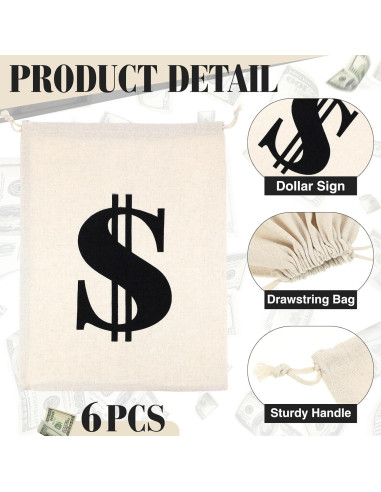 6 Bolsas de Dinero de Lona con Cierre de Cuerda 30x40cm Blancas