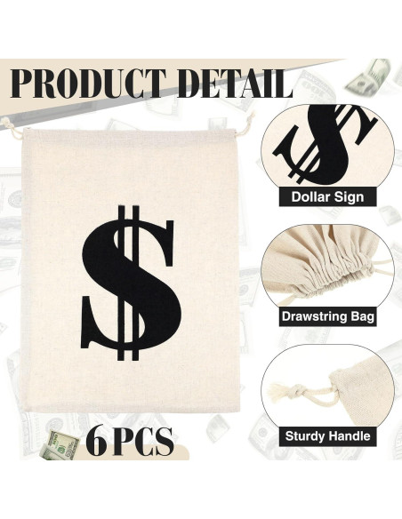 6 Bolsas de Dinero de Lona con Cierre de Cuerda 30x40cm Blancas