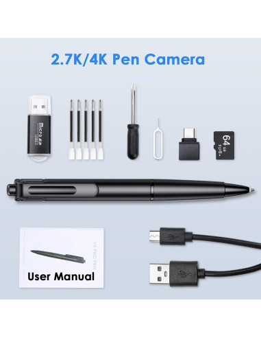 Cámara Pluma 2.7K TMKLOE con Tarjeta SD 64GB - Negro Brillante