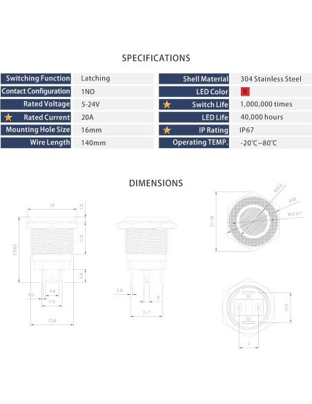 Interruptor pulsador retención LED 16mm Rojo IP67 20A 5-24V