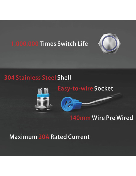 Interruptor pulsador retención LED 16mm Rojo IP67 20A 5-24V