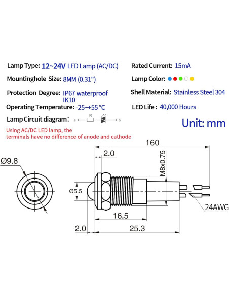Luz Indicadora LED 8mm ZGSZJHF Acero Inoxidable 12-24V IP67