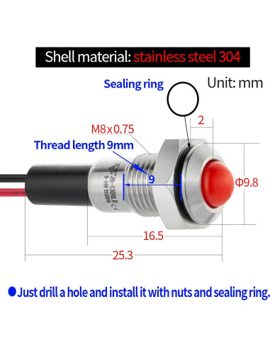 Luz Indicadora LED 8mm ZGSZJHF Acero Inoxidable 12-24V IP67