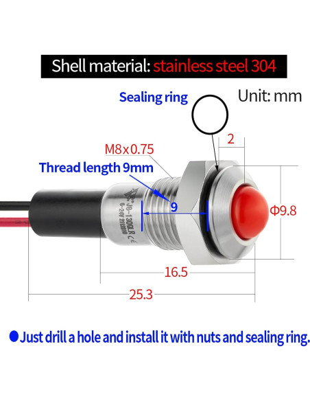 Luz Indicadora LED 8mm ZGSZJHF Acero Inoxidable 12-24V IP67