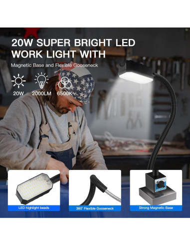 Luz de trabajo LED magnética 20W 2000LM cuello de ganso 50cm