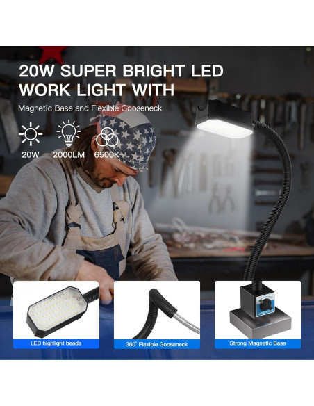 Luz de trabajo LED magnética 20W 2000LM cuello de ganso 50cm