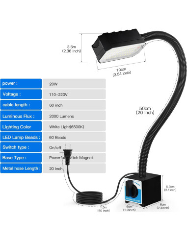 Luz de trabajo LED magnética 20W 2000LM cuello de ganso 50cm
