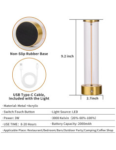 Lámpara de Mesa LED Inalámbrica MKIIACH Oro 2000mAh Táctil 2