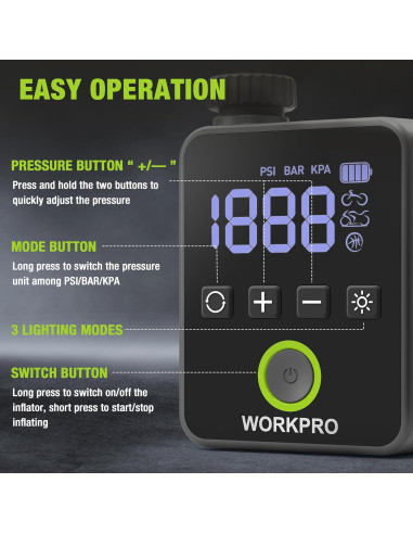 Bomba de Neumáticos Eléctrica WORKPRO Mini 140 PSI Portátil