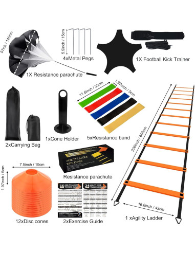 Equipo de Entrenamiento de Fútbol Ovestars - Escalera 6m, 12 Conos, Paracaídas
