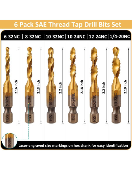 Juego de Brocas y Machos de Rosca Titanio 6 Piezas HSS 4341