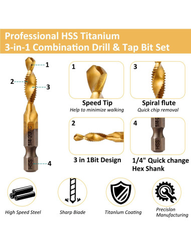 Juego de Brocas y Machos de Rosca Titanio 6 Piezas HSS 4341