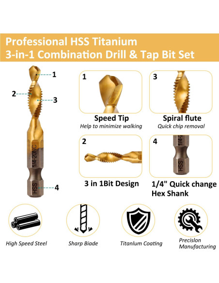 Juego de Brocas y Machos de Rosca Titanio 6 Piezas HSS 4341