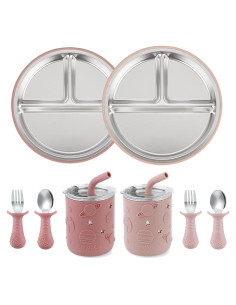 Juego de Alimentación para Bebés PandaEar - Acero Inoxidable, 2 Platos, 2 Vasos, Utensilios