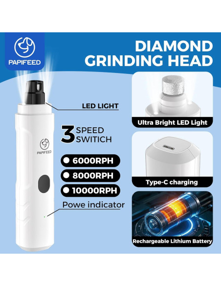 Amoladora de Uñas Eléctrica PAPIFEED Blanca con 3 Velocidades y LED