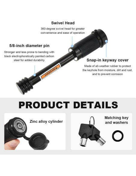 Cerrojo de Pasador ZNDAW para Receptor de Enganche 1.59 cm
