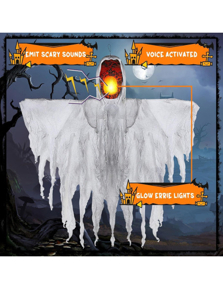 Fantasma Colgante Joliyoou 1.4m Activado por Sonido Luz Amarilla