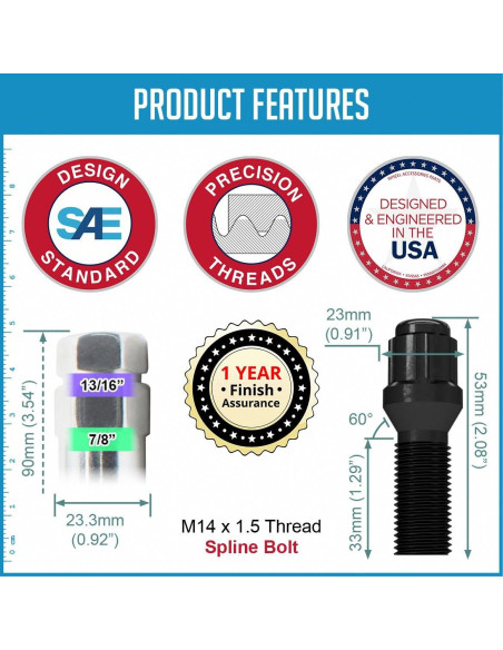 Tornillos de Rueda M14x1.5 Acorn Spline 20 Pcs Negro
