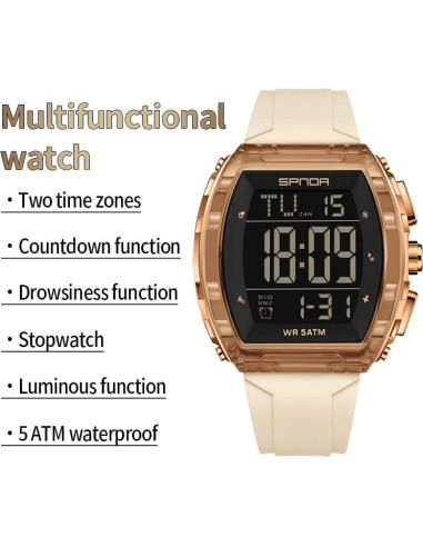 Reloj Digital PASOY Tonneau Doble Hora 5ATM Impermeable