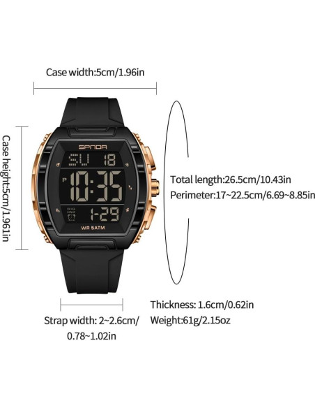 Reloj Digital PASOY Tonneau Doble Hora 5ATM Impermeable