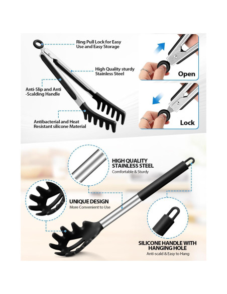Cuchara y Pinzas para Pasta DaiRen Kitchen Silicona Negra