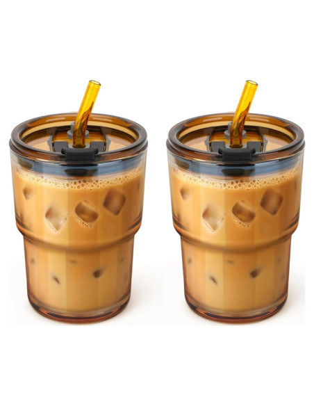 Taza de vidrio 13 oz Cafezi con popote y tapa a prueba de fugas