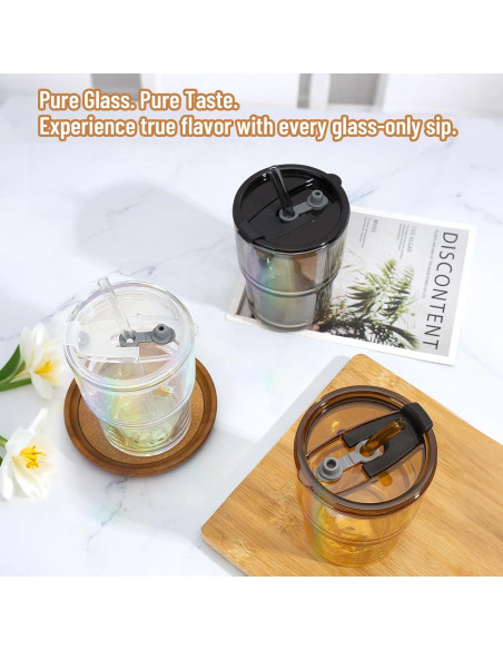 Taza de vidrio 13 oz Cafezi con popote y tapa a prueba de fugas