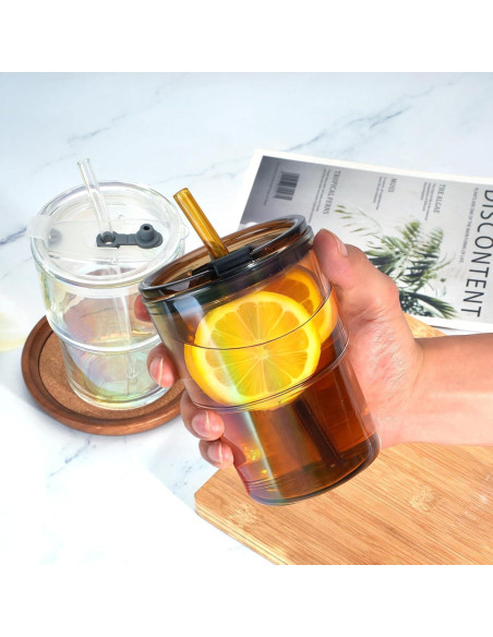 Taza de vidrio 13 oz Cafezi con popote y tapa a prueba de fugas