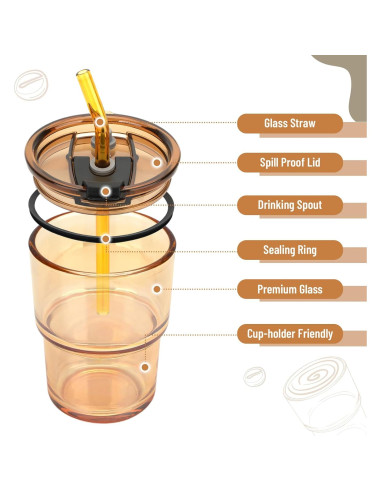 Taza de vidrio 13 oz Cafezi con popote y tapa a prueba de fugas