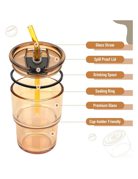 Taza de vidrio 13 oz Cafezi con popote y tapa a prueba de fugas