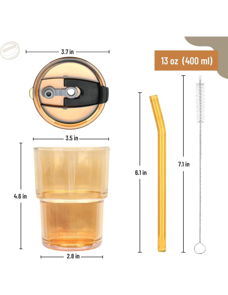 Taza de vidrio 13 oz Cafezi con popote y tapa a prueba de fugas