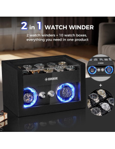 BEWISHOME Reloj Winder Doble para 10 Relojes con Luz LED 2