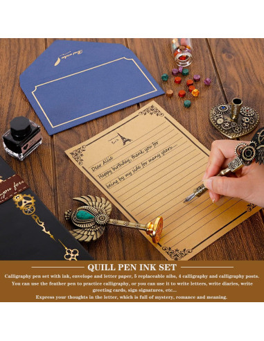 Juego de Pluma de Pavo Real y Tinta NC - Caligrafía y Sello