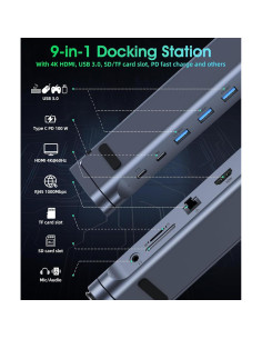 Soporte Docking 9 en 1 BoYata USB-C con HDMI 4K y 3 USB 3.0 2