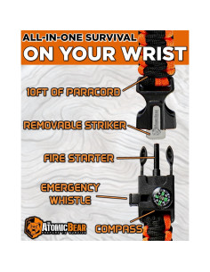 Pulsera de Paracord The Atomic Bear - 2 Piezas - Ajustable - Encendedor - Silbato - Negro y Naranja 2