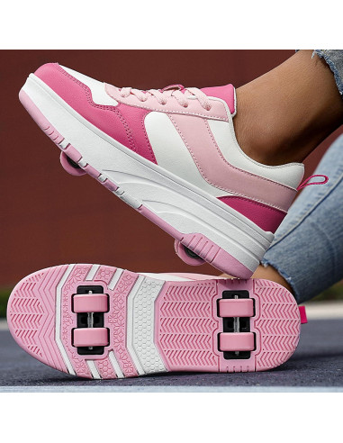 Zapatos de Patinaje ANEFUN para Niños Rosa-Blanco 4 Ruedas