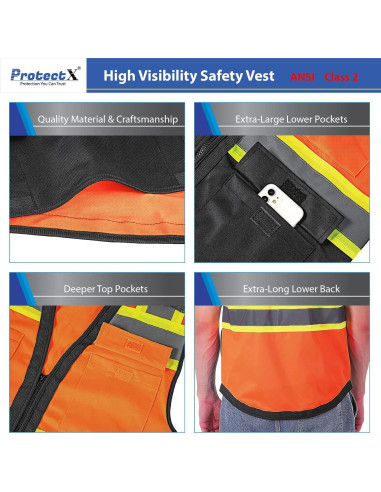 Chaleco de Seguridad ProtectX Clase 2 Naranja Neón 6 Bolsillos