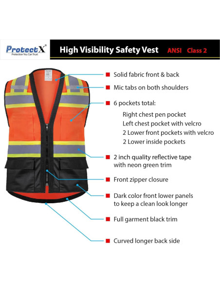 Chaleco de Seguridad ProtectX Clase 2 Naranja Neón 6 Bolsillos