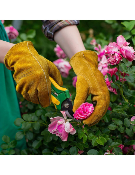 Guantes de Jardinería de Cuero Vaca Amarillo XL para Trabajo