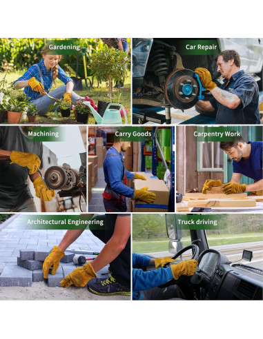Guantes de Jardinería de Cuero Vaca Amarillo XL para Trabajo