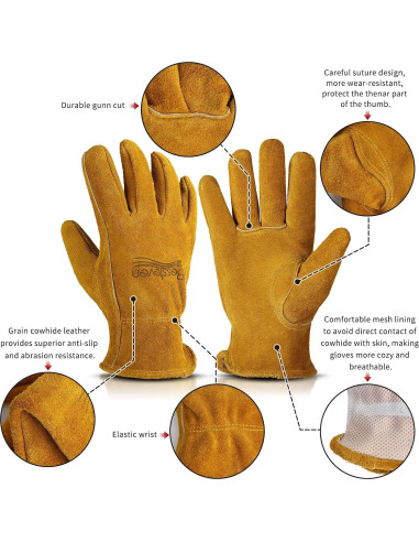 Guantes de Jardinería de Cuero Vaca Amarillo XL para Trabajo